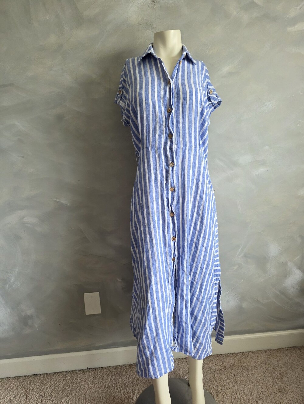 Zara Blue & White Vertical Stripe Linen Cotton Short Sleeve Shirt Dress M